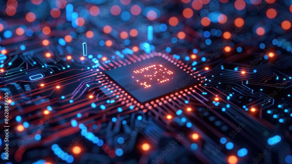 Poster Illuminated CPU chip on a high-tech motherboard