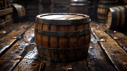 Rustic wooden barrel resting on a wooden floor
