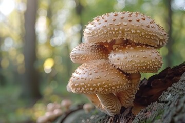 Cluster of brown mushrooms growing on a log in a natural setting.