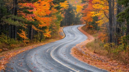 Scenic road through autumn forest with colorful foliage