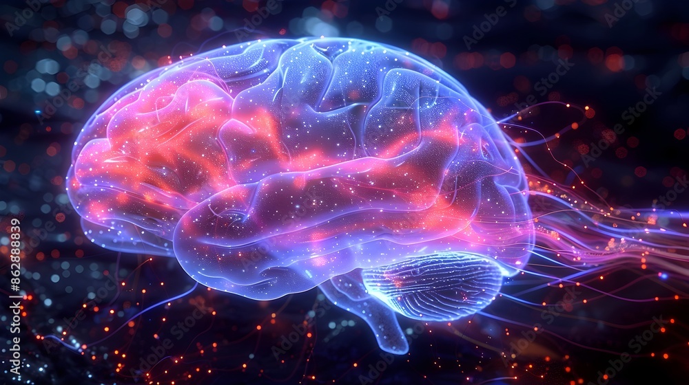 Poster glowing digital brain with futuristic neural connections and energy