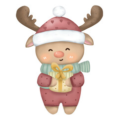 Cute reindeer cartoon character hugging a gift box on transparent background.
