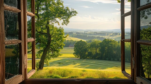 Fototapeta Beautiful countryside view through window showing fields and rolling hills
