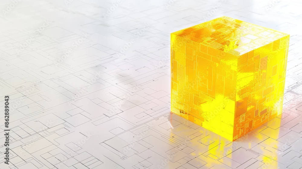 Poster 3d rendering of a glowing yellow cube on a reflective surface. aig535