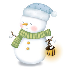 Snowman holding a lantern in the snow. Winter holiday cartoon on transparent background.