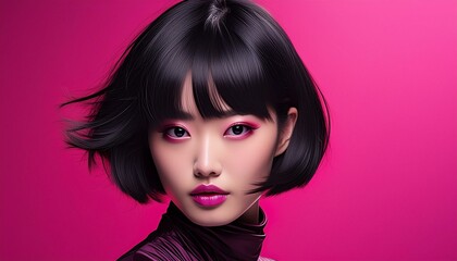 Naklejka premium studio portrait of an asian brunette short haired woman on a pink background