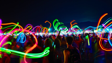 A festival scene where participants are waving glow sticks rhythmically to music captured in a time-lapse image creating waves of color across the crowd.