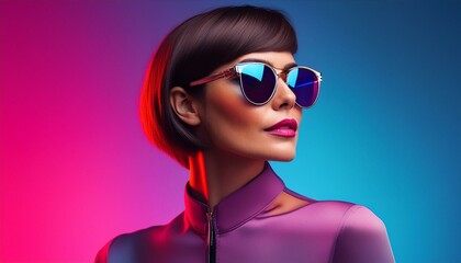 Fototapeta premium studio portrait of a brunette woman with short hair wearing sunglasses on pink and blue background 