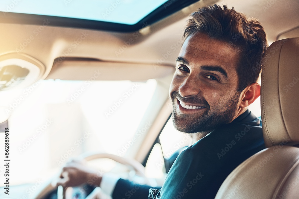 Canvas Prints Happy, portrait and businessman in car for travel, trip and safety on morning commute or drive. Taxi, face and chauffeur driver in vehicle with backseat pov for transport, journey or customer service