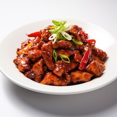 Fototapeta premium Spicy and Flavorful Chilli Chicken Dish with Fresh Garnish