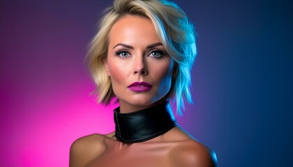 Naklejka premium studio portrait of a blonde short haired woman with nude shoulders wearing a black collar on pink and blue background