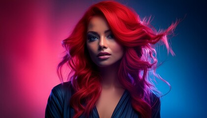 Fototapeta premium studio portrait of a beautiful model with red hair on pink and blue background 