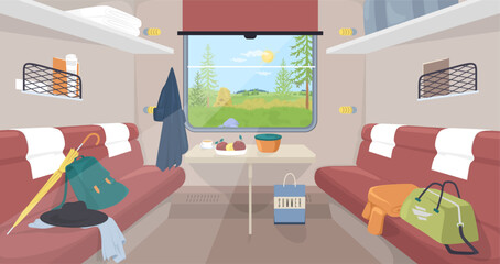 Messy train interior with people travelers belongings cartoon scene vector illustration. Railroad transport with seats, window and personal touristic suitcases luggage