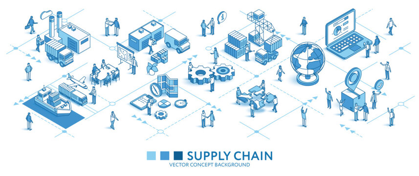 Supply chain, Global Logistics isometric seamless pattern. Transport delivery, warehouse, distribution line 3d icons, people characters, arrows. Business infograph. Vector background teamwork concept