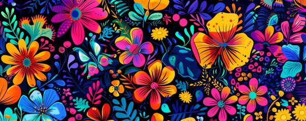 Psychedelic colorful floral pattern with vibrant flowers and butterflies against dark background