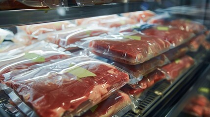 Obraz premium Close-up of packaged meat products on display in a refrigerated storage area, ready for shipment to retailers ,