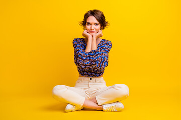 Full body length photo of young lovely girl touch cheeks sweet model posing happiness looking at you isolated on yellow color background