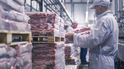 Obraz premium Workers stacking packaged meat products onto pallets for transportation and distribution to grocery stores and supermarkets , 