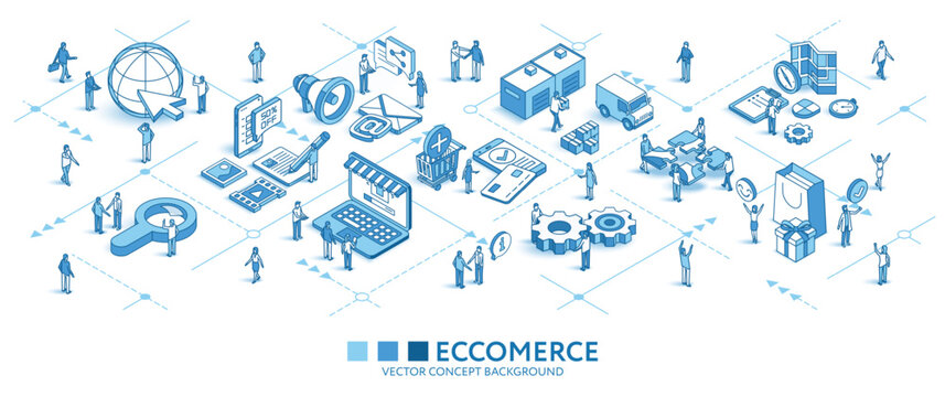 Ecommerce, online shop, customer journey isometric seamless pattern. Line 3d icon, people character, arrow. Market place, Develop, business infograph. Vector background teamwork concept illustration.