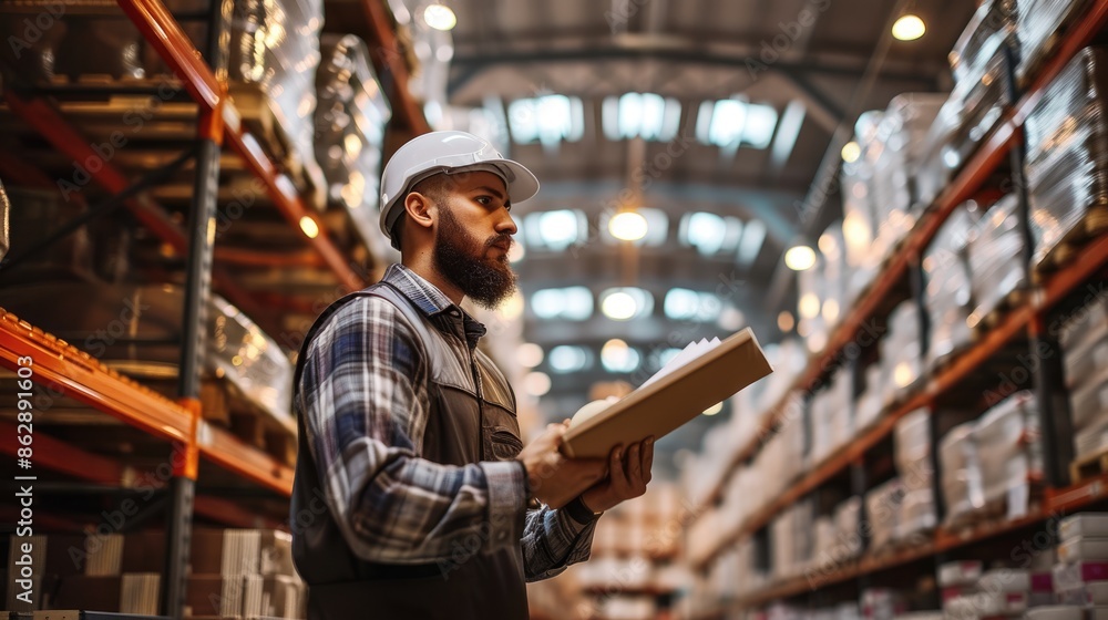 Poster professional warehouse worker checking and inspecting product quality at storage. engineer working a