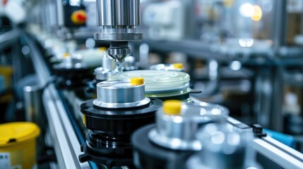 Naklejka premium Close-up of food packaging machinery in action, highlighting precision and efficiency in the manufacturing process , 