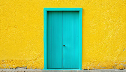 A wall with yellow texture, a turquoise blue door in the center, highlighting the wall, with empty space for text
