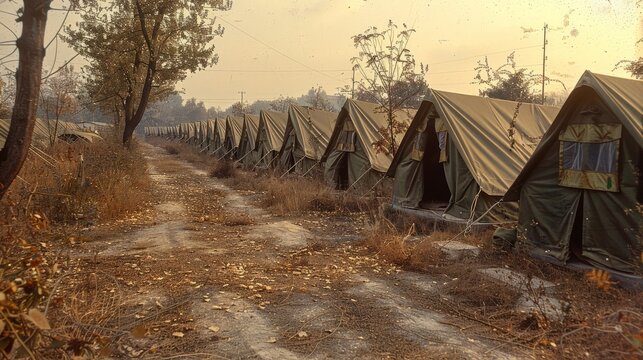 A Row of Tents Under a Dusty Sky in a Remote Military Camp. Generative AI