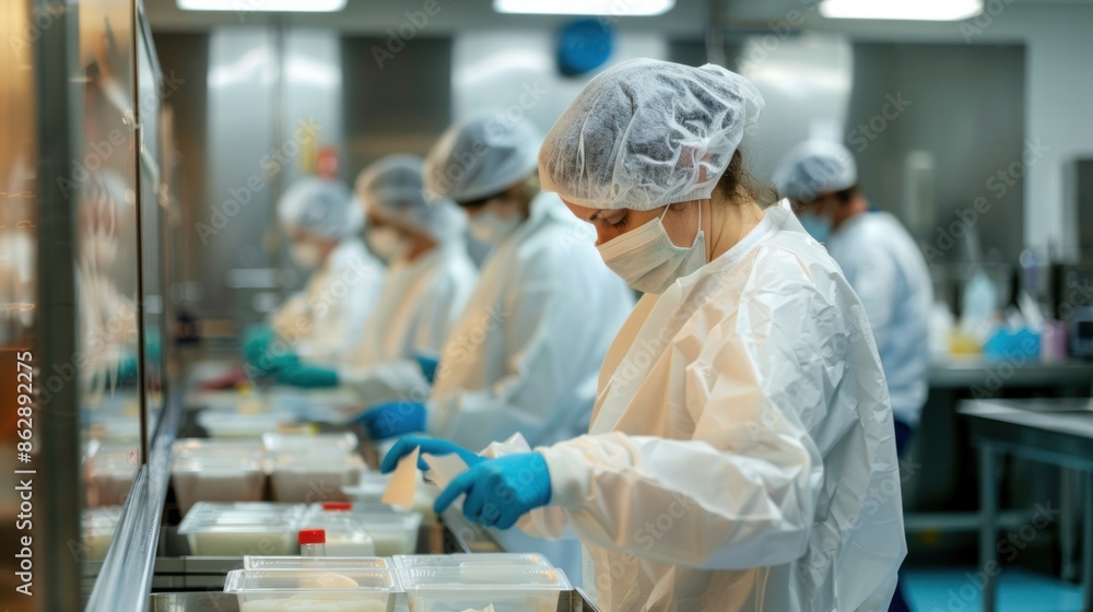 Poster workers labeling and packaging food items in a sterile and controlled environment to maintain produc