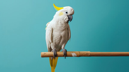 Portrait photography of Sulphur-crested Cockatoo bird catch standing on wood stick , studio shot isolated on single color background ,editorial style, shoot by DSLR .