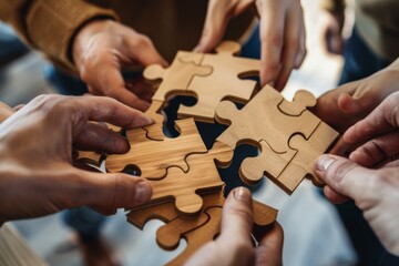 Business team trying to find solution to problem together. Group of young people holding parts of jigsaw puzzle.