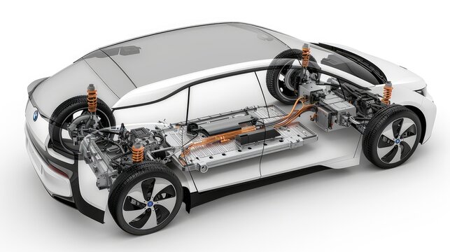 Electric car (generic model) technical cutaway 3d rendering with all main details of EV system in ghost effect. Perspective bird eye view on white background. 