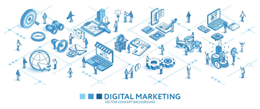 Digital marketing journey isometric seamless pattern. Line 3d icons, people characters, arrows. Develop, business infograph. Vector background teamwork concept illustration. Advertising strategy, seo