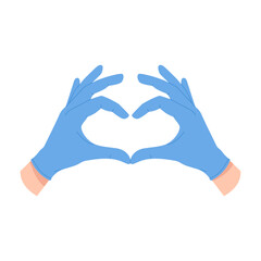 Doctors in nitrile gloves holding hands in love sign, fingers make heart vector illustration