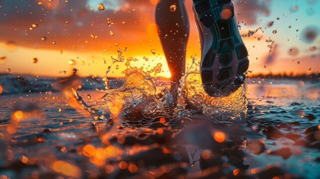 Runner splashing through water at sunset - Generative AI - Powered by Adobe