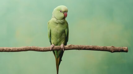 Portrait photography of Rose-ringed Parakeet bird catch standing on wood stick , studio shot isolated on single color background ,editorial style, shoot by DSLR .