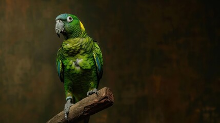 Obraz premium Portrait photography of Blue-fronted Amazon bird catch standing on wood stick , studio shot isolated on single color background ,editorial style, shoot by DSLR .