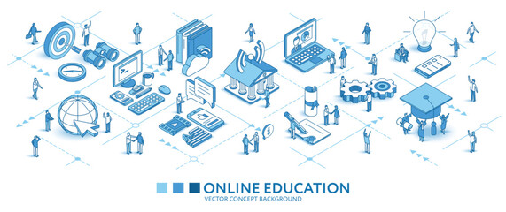 Online education isometric seamless pattern. Line 3d icons, people characters, arrow. Distance study, university, business infograph. Vector background teamwork concept illustration. Elearning journey