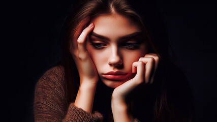 Sad unhappy young woman thinking about problem, difficulties, feeling failure and exhaustion, suffering from loneliness, grief, sadness and bad relationship or breakup. On a black background