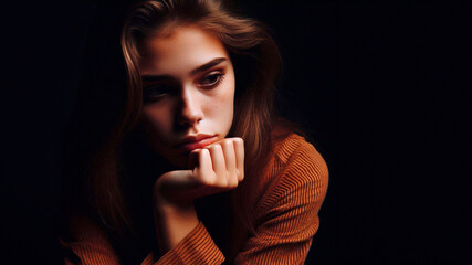 Sad unhappy young woman thinking about problem, difficulties, feeling failure and exhaustion, suffering from loneliness, grief, sadness and bad relationship or breakup. On a black background