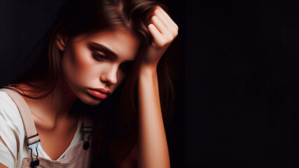 Fototapeta premium Sad unhappy young woman thinking about problem, difficulties, feeling failure and exhaustion, suffering from loneliness, grief, sadness and bad relationship or breakup. On a black background