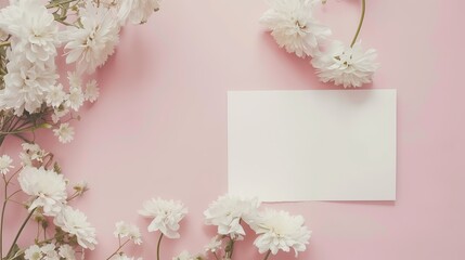 Elegant pink floral arrangement surrounding a white card, ideal for wedding invitations or spring events