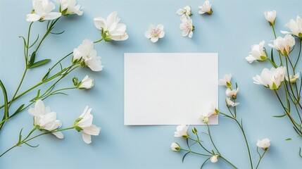 Fototapeta premium Creative floral arrangement with white blossoms around a blank space on a light blue background, perfect for spring invitations
