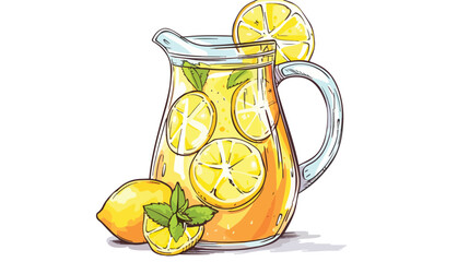 Pitcher of lemonade. Fresh fruit drink. Vector 