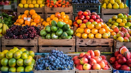 Colorful Fruits and Vegetables in Wooden Crates at a Market