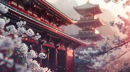 Fototapeta premium Cherry Blossoms in Front of a Japanese Pagoda
