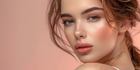 Fototapeta premium A woman with green eyes and a pinkish tint to her lips. She has her hair in a bun and is wearing makeup