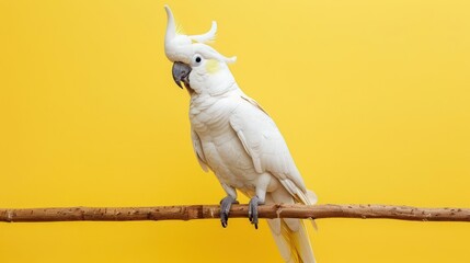 Portrait photography of Sulphur-crested Cockatoo bird catch standing on wood stick , studio shot isolated on single color background ,editorial style, shoot by DSLR .