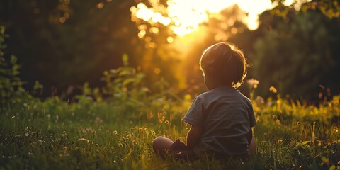 A young boy sits in a grassy field, looking up at the sun. The scene is peaceful and serene, with the boy's gaze fixed on the bright light in the sky. The boy appears to be lost in thought