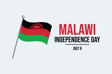 Malawi Independence Day poster vector illustration. Malawi flag on a pole icon isolated on a gray background. Waving Malawi flag symbol. Template for background, banner, card. July 6 each year