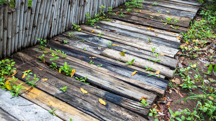 Close-up view of an old wooden plank used as a bridge.